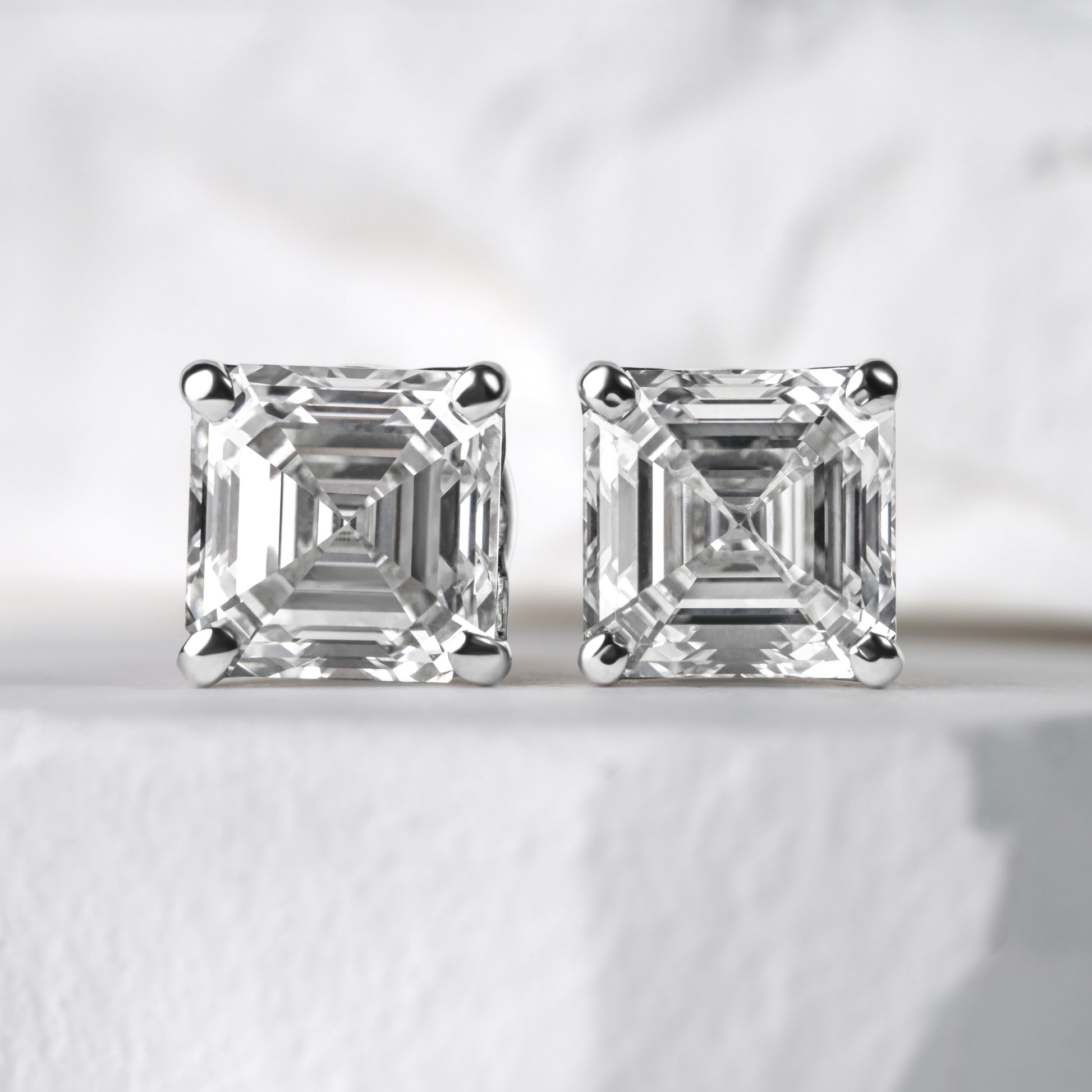 White gold asscher diamond studs front 