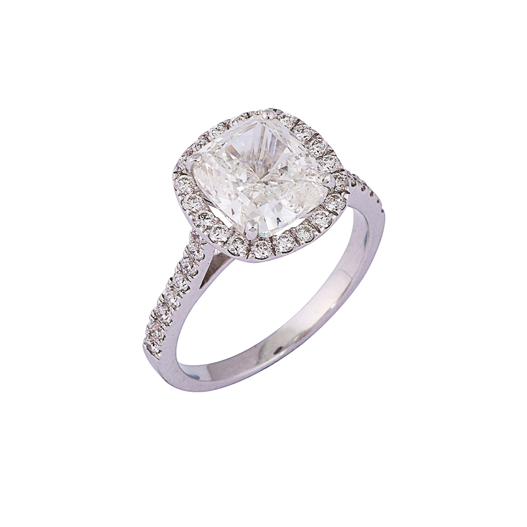 Aetherius Cushion Solitaire with Diamond Halo and Diamond Shank Ring